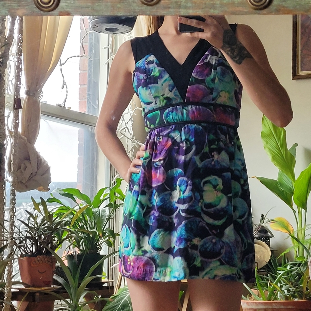 Sandro 100% silk abstract blue & purple flower cocktail dress - size 1